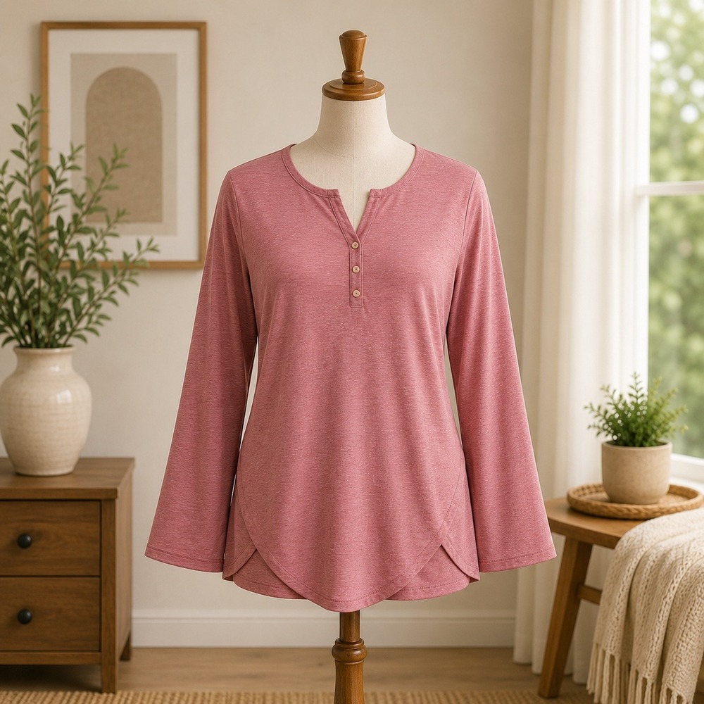 NWT Cupshe Henley Top Womens XL Mauve Long Sleeve Tulip Hem CAA04C3H008JJ